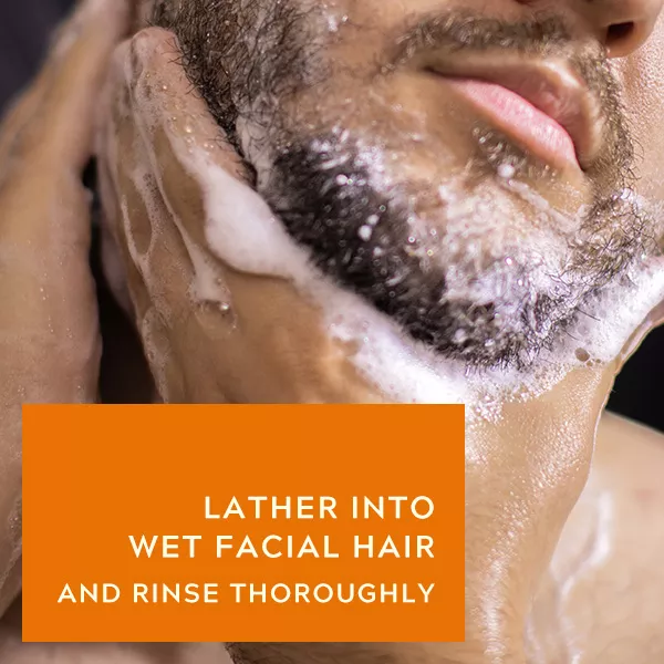 Lather into wet facial hair and rinse